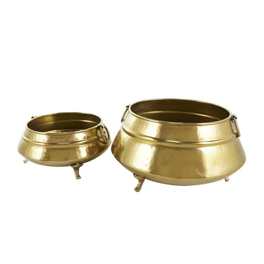 Gold Metal Scroll Foot Hammered Pot Planter Set